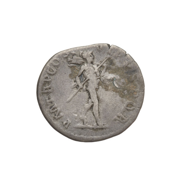 Denarius of Trajan (53–117; Roman emperor 98–117). Obverse: head of Trajan in laurel wreath facing
