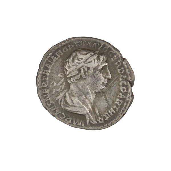 Denarius, Trajan (53–117; Roman emperor 98–117). Obverse: head of Trajan in laurel wreath facing