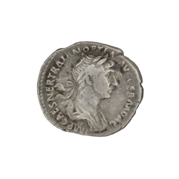 Denarius, Trajan (53–117; Roman emperor 98–117). Obverse: head of Trajan in laurel wreath facing