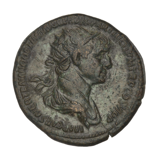 dupondius, Trajan (53–117; Roman emperor 98–117); Obverse: bust of Trajan facing right wearing a