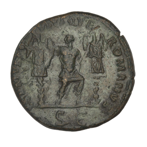 dupondius, Trajan (53–117; Roman emperor 98–117), busts, radiant crowns, trophies, sceptres. Obv.: