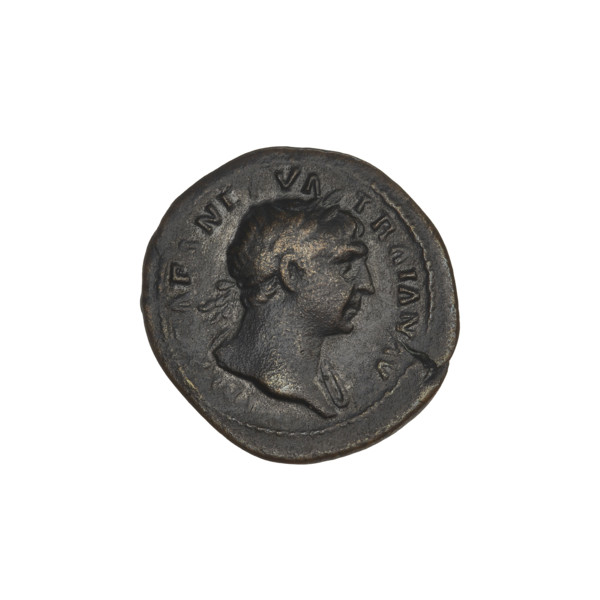 Quarter (coin) of Trajan (53–117; Roman emperor 98–117). Obverse: head of Trajan right in a laurel
