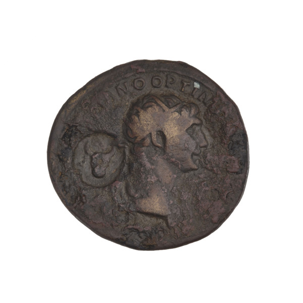 as - countermarked, Trajan (53–117; Roman Emperor 98–117), oak wreaths, radiant crowns, heads. Obv