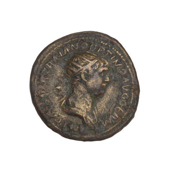 Trajan (53–117; Roman Emperor 98–117). Silver coin (denomination implied), 114–117. Obverse: head