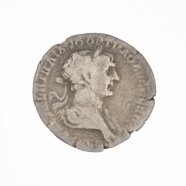 Denarius of Trajan (53–117; Roman emperor 98–117). Obverse: head of Trajan in a laurel wreath
