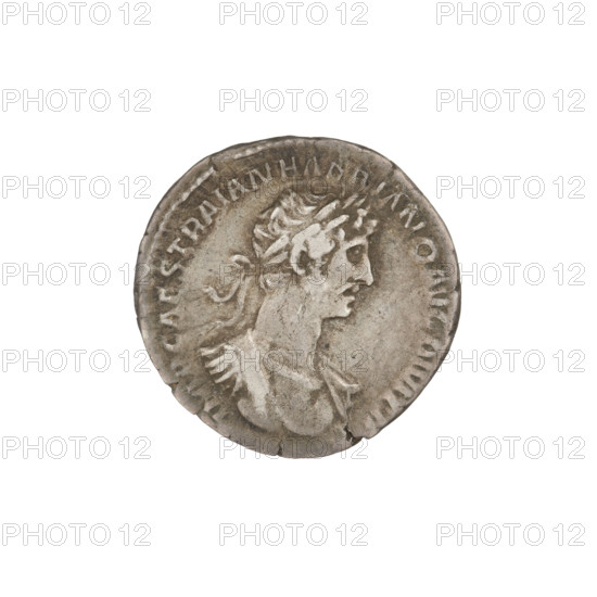 Denarius, Hadrian (76–138; Roman emperor 117–138). Obverse: bust of Hadrian right, laurel wreath in