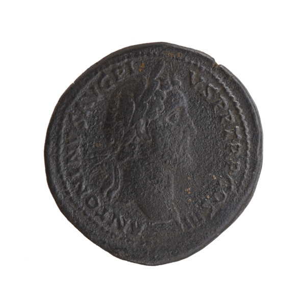 Sestertius of Antoninus Pius (86–161; Roman emperor 138–161). Obverse: head of the emperor in a