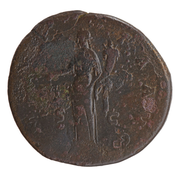 Sestertius of Antoninus Pius (86–161; Roman emperor 138–161). Obverse: head of the emperor in a