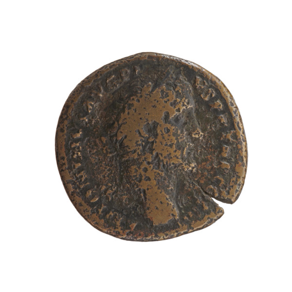 Sestertius of Antoninus Pius (86–161; Roman Emperor 138–161). Obverse: Head of Antoninus Pius in a