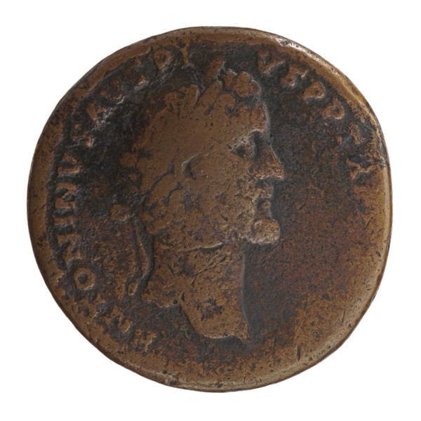 Sestertius of Antoninus Pius (86–161; Roman emperor 138–161). Obverse: head of Antoninus Pius in a