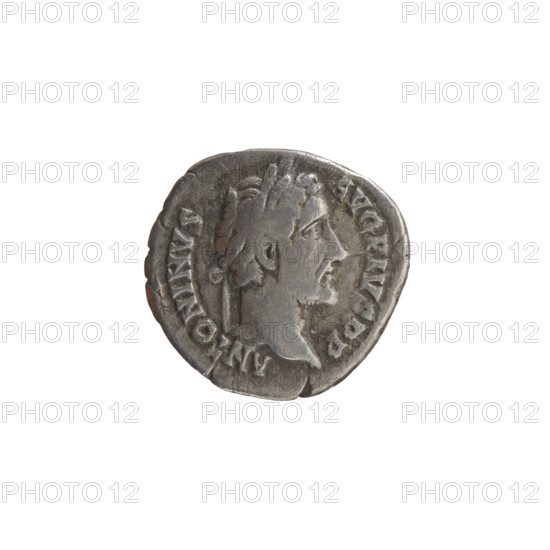 Denarius of Antoninus Pius (86–161; Roman emperor 138–161). Obverse: Head of Antoninus Pius in a