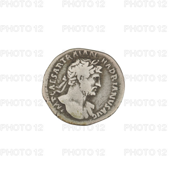 Denarius of Hadrian (76–138; Roman emperor 117–138). Obverse: bust of Hadrian with laurel wreath