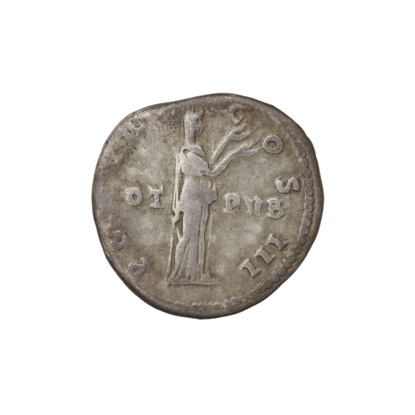 Denarius of Hadrian (76–138; Roman emperor 117–138). Obverse: Bust of Hadrian with laurel wreath
