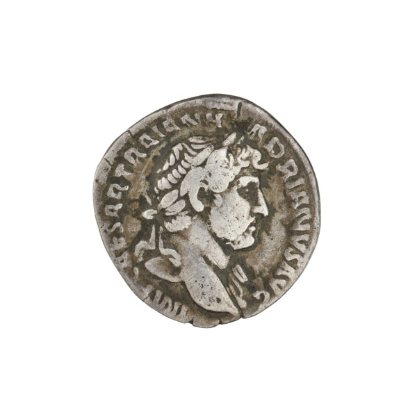 Denarius of Hadrian (117–138 CE). Obverse: Bust of Hadrian with laurel wreath facing right; rim