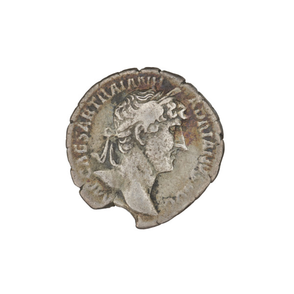 Denarius of Hadrian (76–138; Roman emperor 117–138). Obverse: Bust of Hadrian with laurel wreath