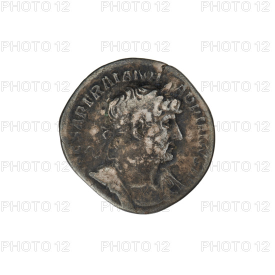 Denarius of Hadrian (76–138; Roman emperor 117–138). Obverse: Bust of Hadrian with laurel wreath