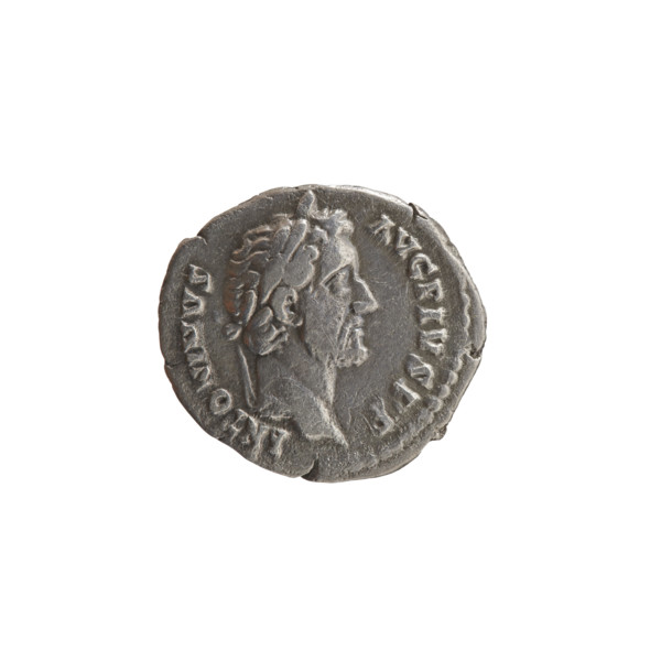 Denarius of Antoninus Pius (r. 138–161). Obverse: Head of Antoninus Pius in a laurel wreath facing