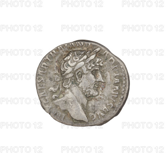 Denarius of Hadrian (76–138; Roman emperor 117–138). Obverse: Bust of Hadrian with laurel wreath