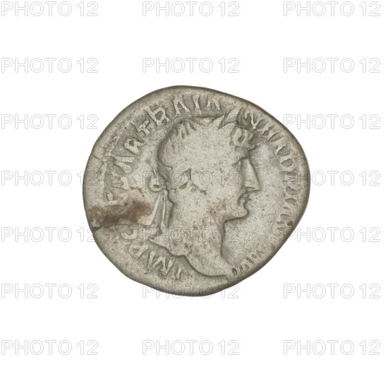 Denarius of Hadrian (76–138; Roman emperor 117–138). Obverse: Bust of Hadrian with laurel wreath