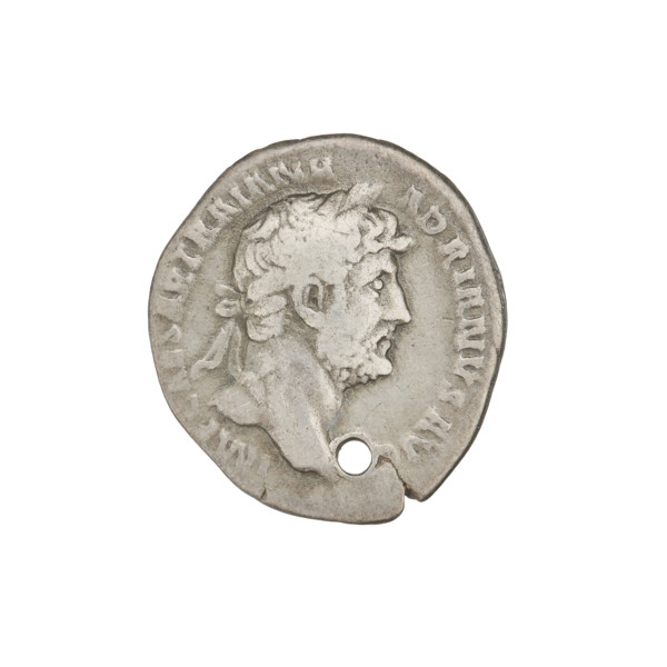 Denarius of Hadrian (76–138 CE), struck 119–122 CE. Obverse: laureate bust of Hadrian facing right;
