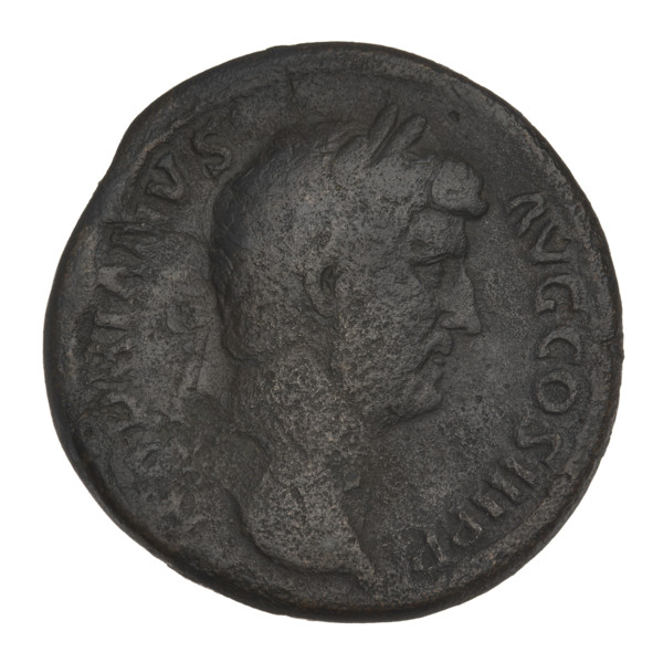 Sestertius of Hadrian (76–138; Roman emperor 117–138). Obverse: Bust of Hadrian with laurel wreath