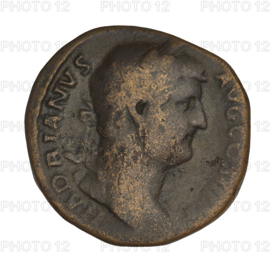 Sestertius of Hadrian (76–138; Roman emperor 117–138). Obverse: Bust of Hadrian with laurel wreath