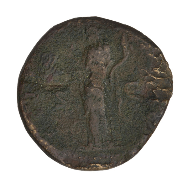 Sestertius of Hadrian (76–138; Roman emperor 117–138). Obverse: Bust of Hadrian with laurel wreath