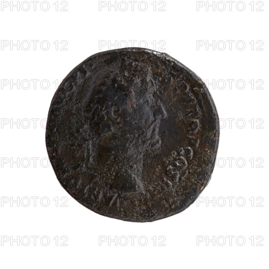 Sestertius of Antoninus Pius (86–161; Roman emperor 138–161). Obverse: head of Antoninus Pius in a