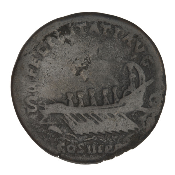 Sestertius of Hadrian (76–138 CE; Roman emperor 117–138). Obverse: Bust of Hadrian wearing a laurel