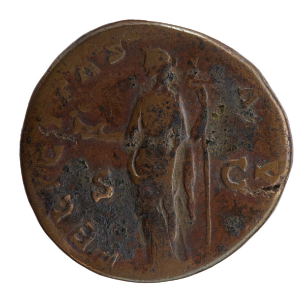 Sestertius of Antoninus Pius (86–161; Roman emperor 138–161). Obverse: head of the emperor in a