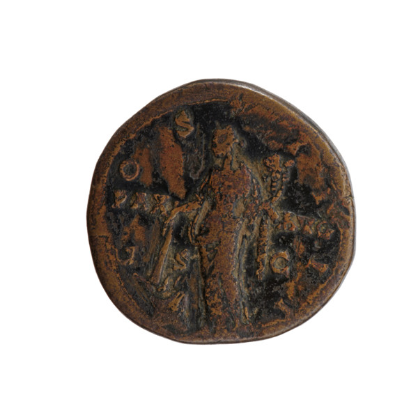 Sestertius of Antoninus Pius (86–161; Roman emperor 138–161). Obverse: head of the emperor in a