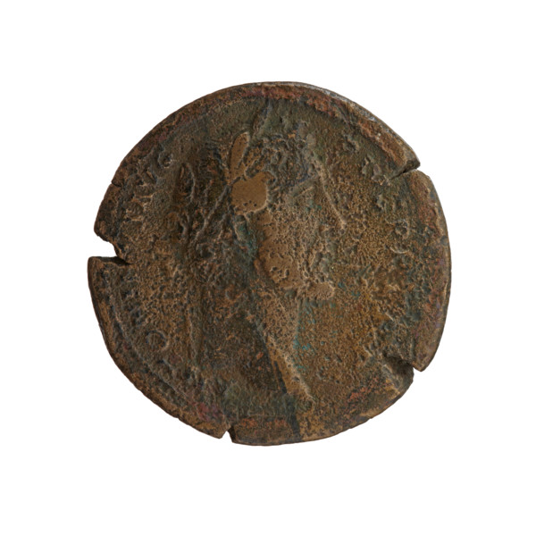 Sestertius of Antoninus Pius (86–161; Roman emperor 138–161). Obverse: Head of Antoninus Pius in