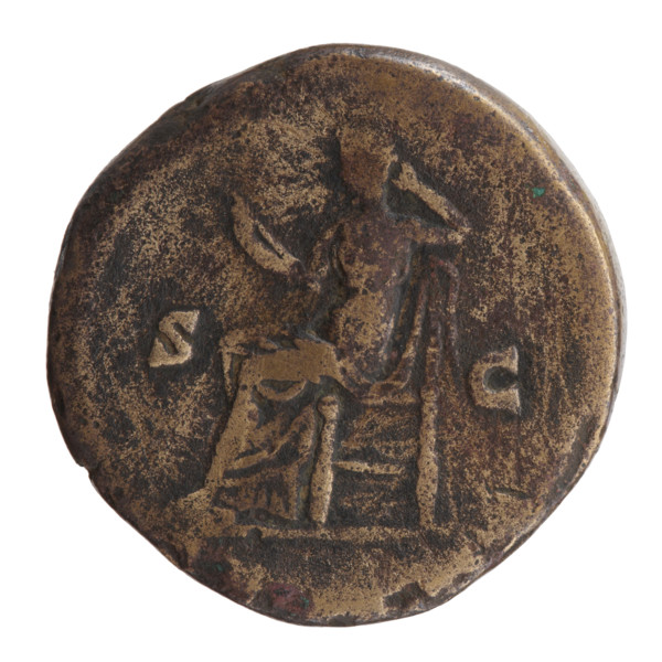 Sestertius of Antoninus Pius (86–161; Roman emperor 138–161). Obverse: head of Antoninus Pius in a