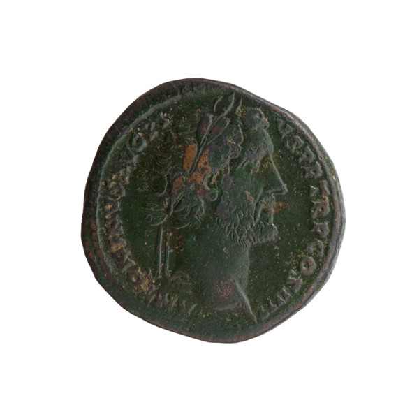 Sestertius, Antoninus Pius (86–161; Roman emperor 138–161) — obverse: head of Antoninus Pius with a
