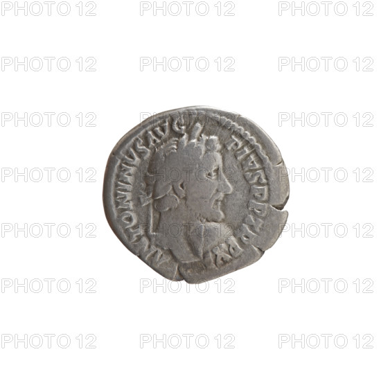 Denarius of Antoninus Pius (86–161; Roman emperor 138–161). Obverse: Head of the emperor in a
