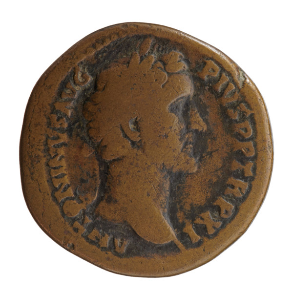 Sestertius of Antoninus Pius (86–161; Roman emperor 138–161). Obverse: head of the emperor in a