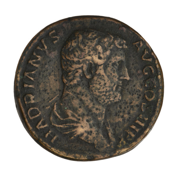 Sestertius of Hadrian (76–138; Roman emperor 117–138). Obverse: bust of Hadrian with laurel wreath