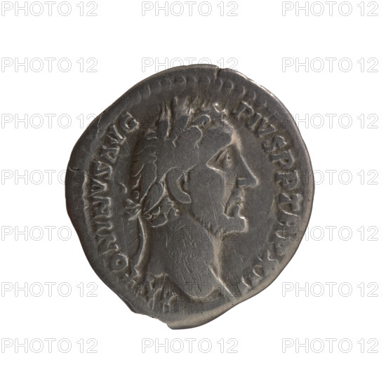 Denarius of Antoninus Pius (86–161; Roman emperor 138–161). Obverse: Head of Antoninus Pius in a