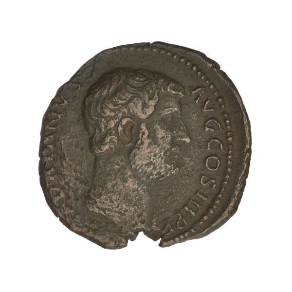 Hadrian (76–138; Roman emperor 117–138). Obverse: head of Hadrian in laurel wreath facing right;