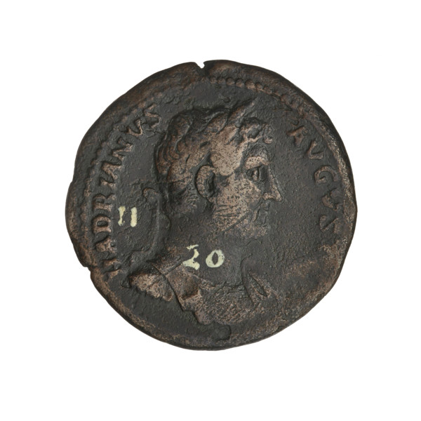 Hadrian (76–138; Roman emperor 117–138). Obverse: head of Hadrian in laurel wreath facing right;