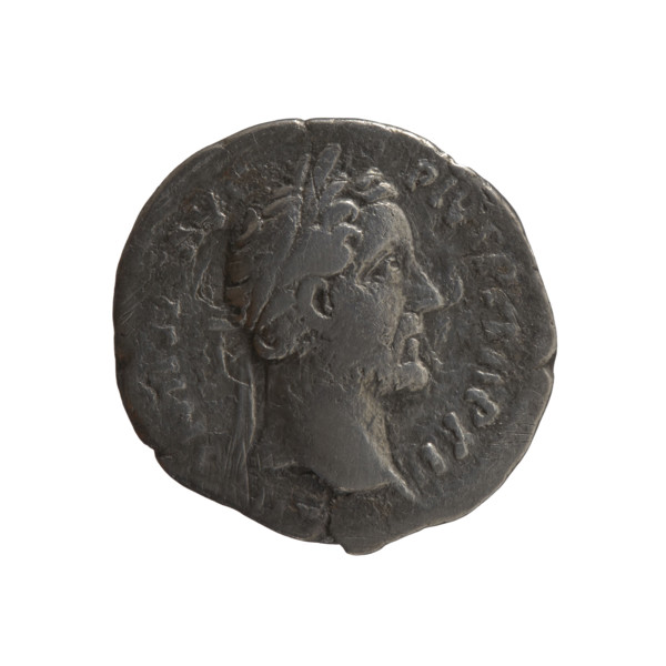 Denarius of Antoninus Pius (86–161; Roman emperor 138–161). Obverse: head of the emperor in a