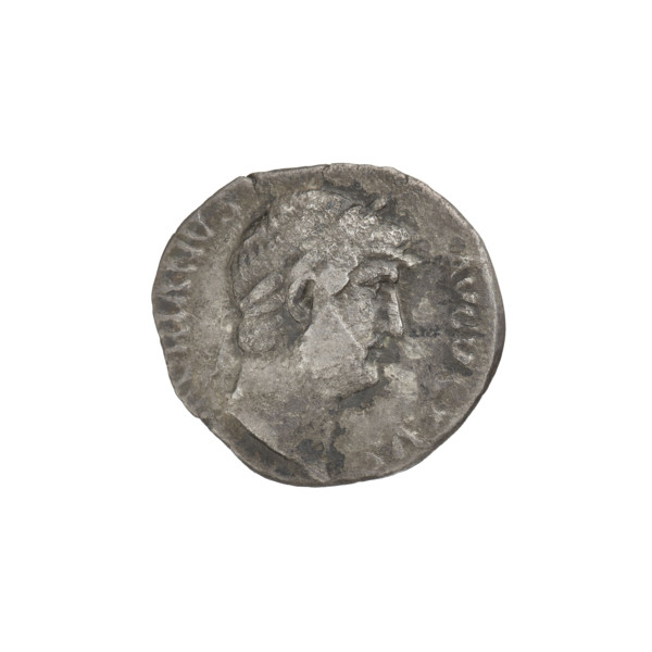 Denarius of Hadrian (76–138 CE), Roman emperor 117–138. Obverse: head of Hadrian in laurel wreath