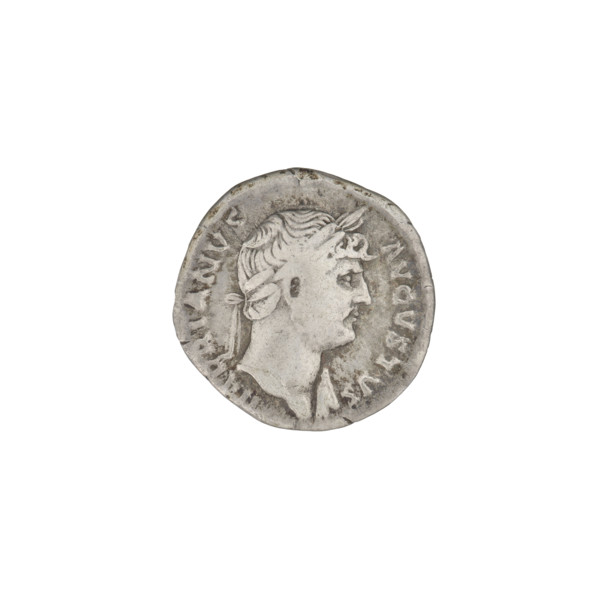 Denarius of Hadrian (76–138; Roman emperor 117–138). Obverse: head of Hadrian in laurel wreath