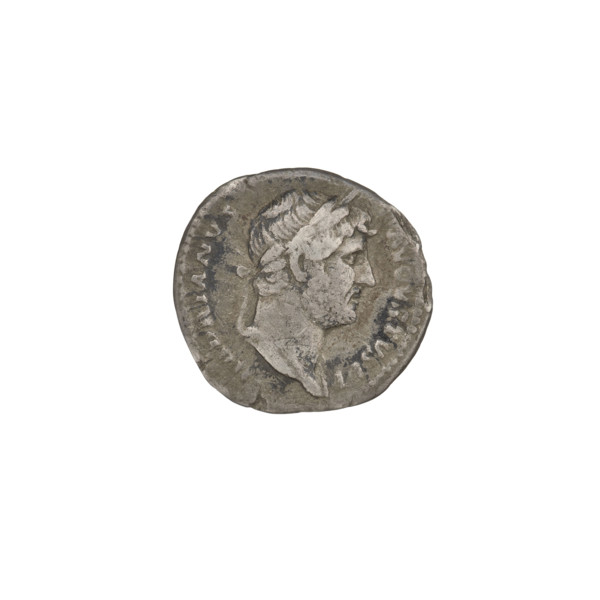 Denarius of Hadrian (76–138; Roman emperor 117–138). Obverse: head of Hadrian in laurel wreath