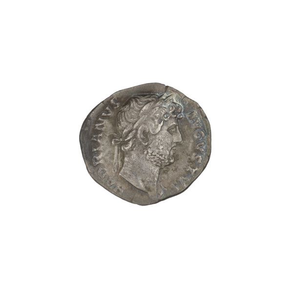 Denarius of Hadrian (r. 117–138). Obverse: laureate head of Hadrian facing right; rim inscription