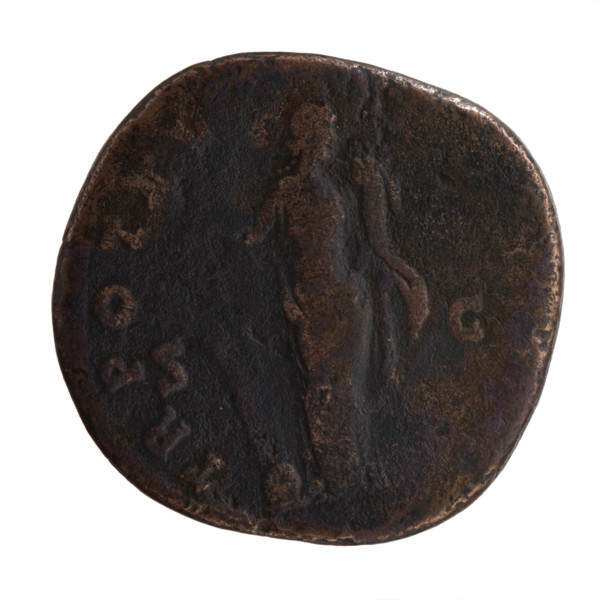 Sestertius of Antoninus Pius (86–161; Roman emperor 138–161). Obverse: Head of Antoninus Pius in a