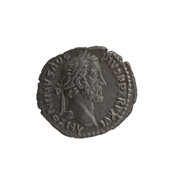 Denarius of Antoninus Pius (86–161; Roman emperor 138–161). Obverse: Head of Antoninus Pius in a