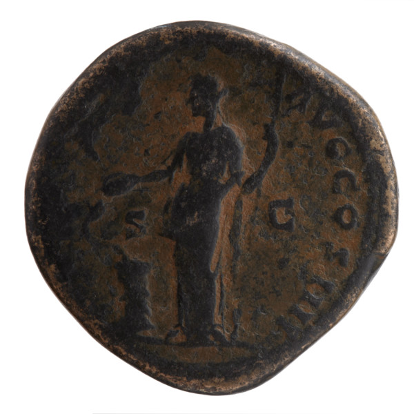 Sestertius of Antoninus Pius (86–161; Roman emperor 138–161), circa 152–153. Obverse: head of the