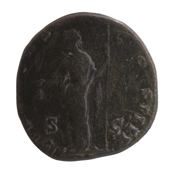 Sestertius of Antoninus Pius (86–161; Roman emperor 138–161). Obverse: head of the emperor in a