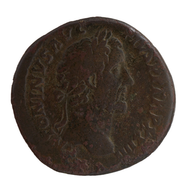 Sestertius of Antoninus Pius (86–161; Roman emperor 138–161). Obverse: head of the emperor in a